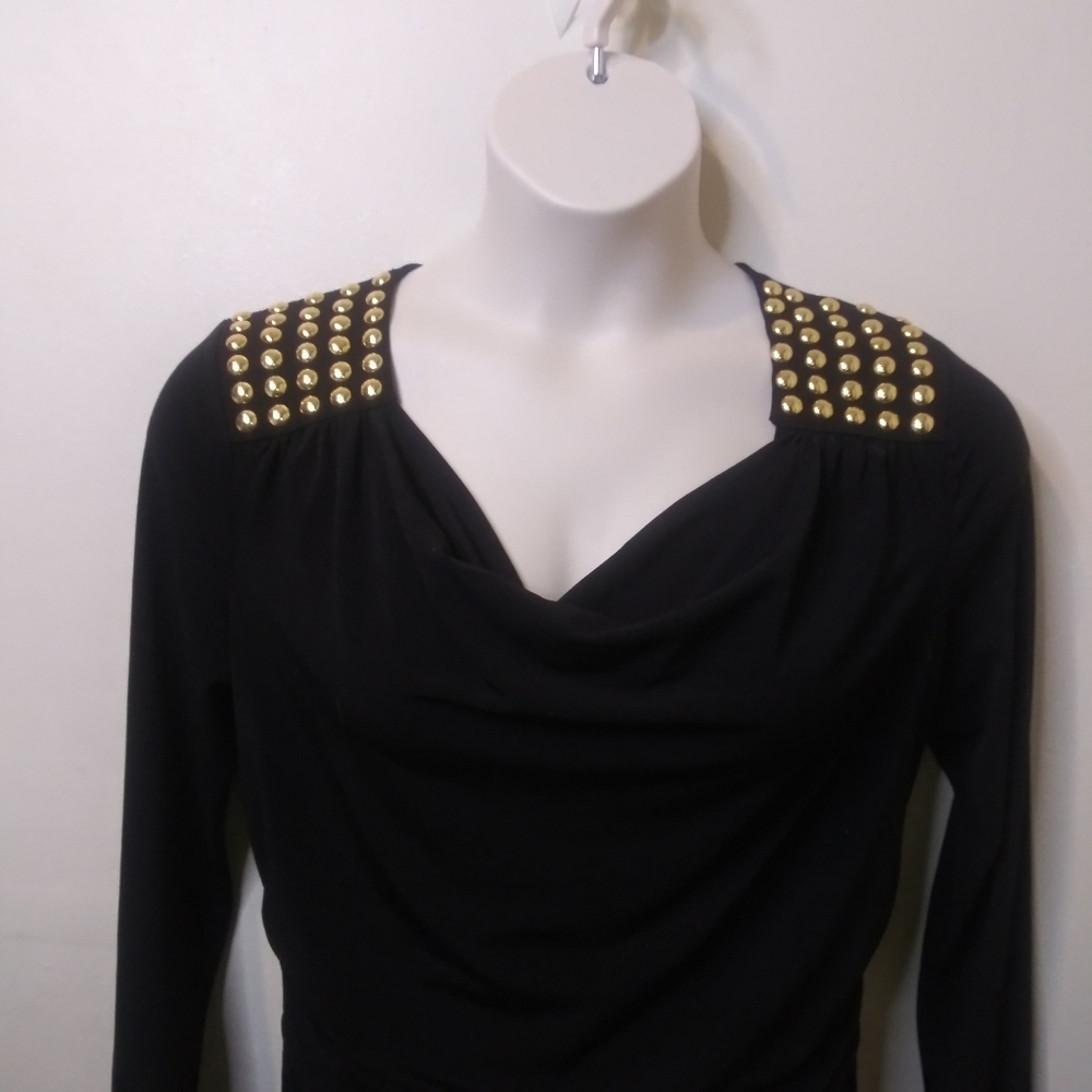 Michael Kors Sexy Rocker Chic Black Body-Con Dress With Gold Shoulder Studs - Picture 3 of 10